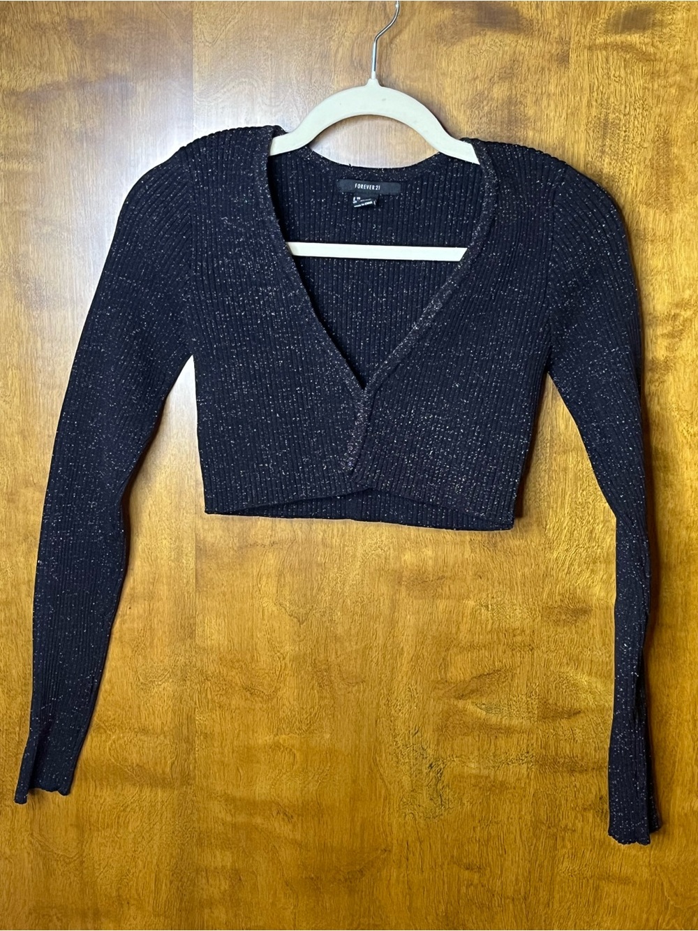 Forever 21 Black Shimmer Ribbed Long Sleeve Crop Top Medium Party Club